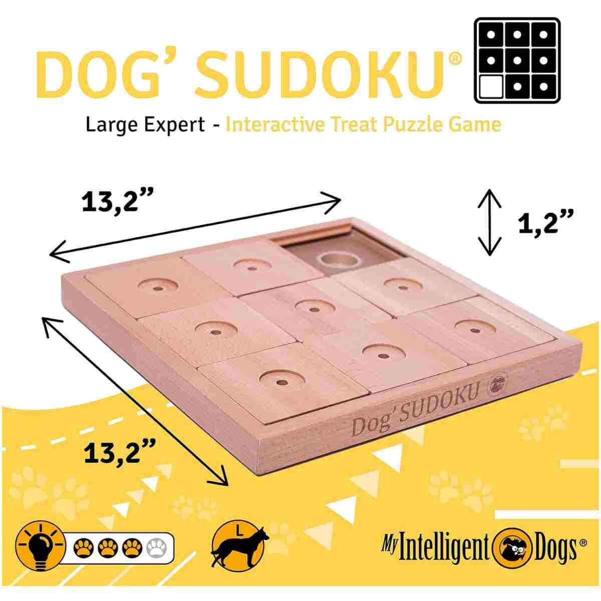 My Intelligent Pets Wooden Sudoku Puzzle for Medium to Large Dogs – Expert Brain Pet Toy with 9 Treat-Hiding Holes – Large Size, Wood