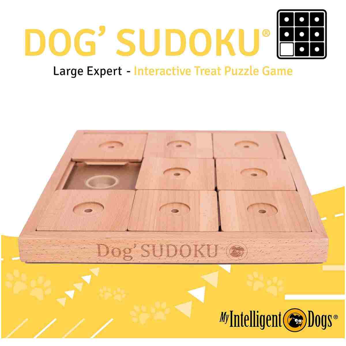 My Intelligent Pets Wooden Sudoku Puzzle for Medium to Large Dogs – Expert Brain Pet Toy with 9 Treat-Hiding Holes – Large Size, Wood
