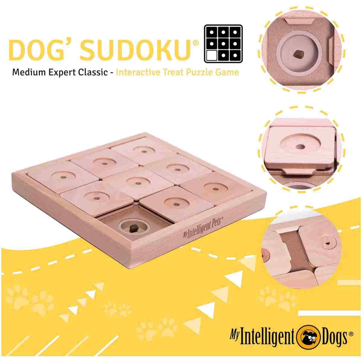 My Intelligent Pets Wooden Sudoku Puzzle for Medium to Large Dogs – Expert Brain Pet Toy with 9 Treat-Hiding Holes – Large Size, Wood