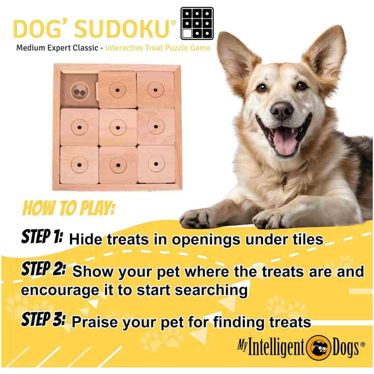 My Intelligent Pets Wooden Sudoku Puzzle for Medium to Large Dogs – Expert Brain Pet Toy with 9 Treat-Hiding Holes – Large Size, Wood