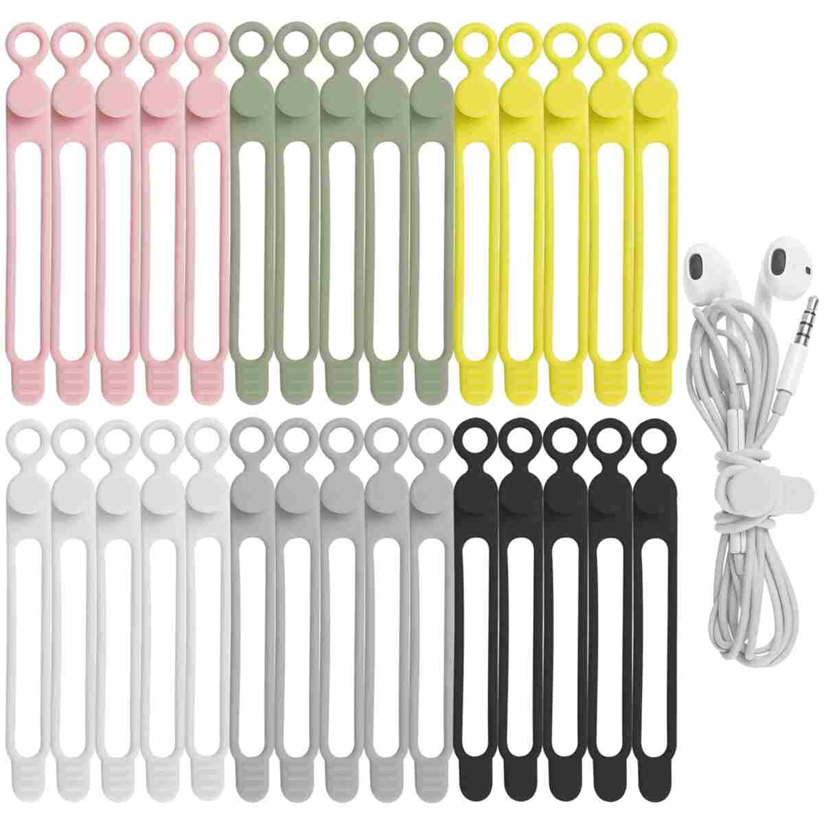 Nearockle 24Pcs Silicone Cable Straps Cord Organizer for Bundling Earphone, Phone Charger, Computer Cords, Reusable Cable Ties Wire Organizer in Home,Office,Kitchen,School (4...