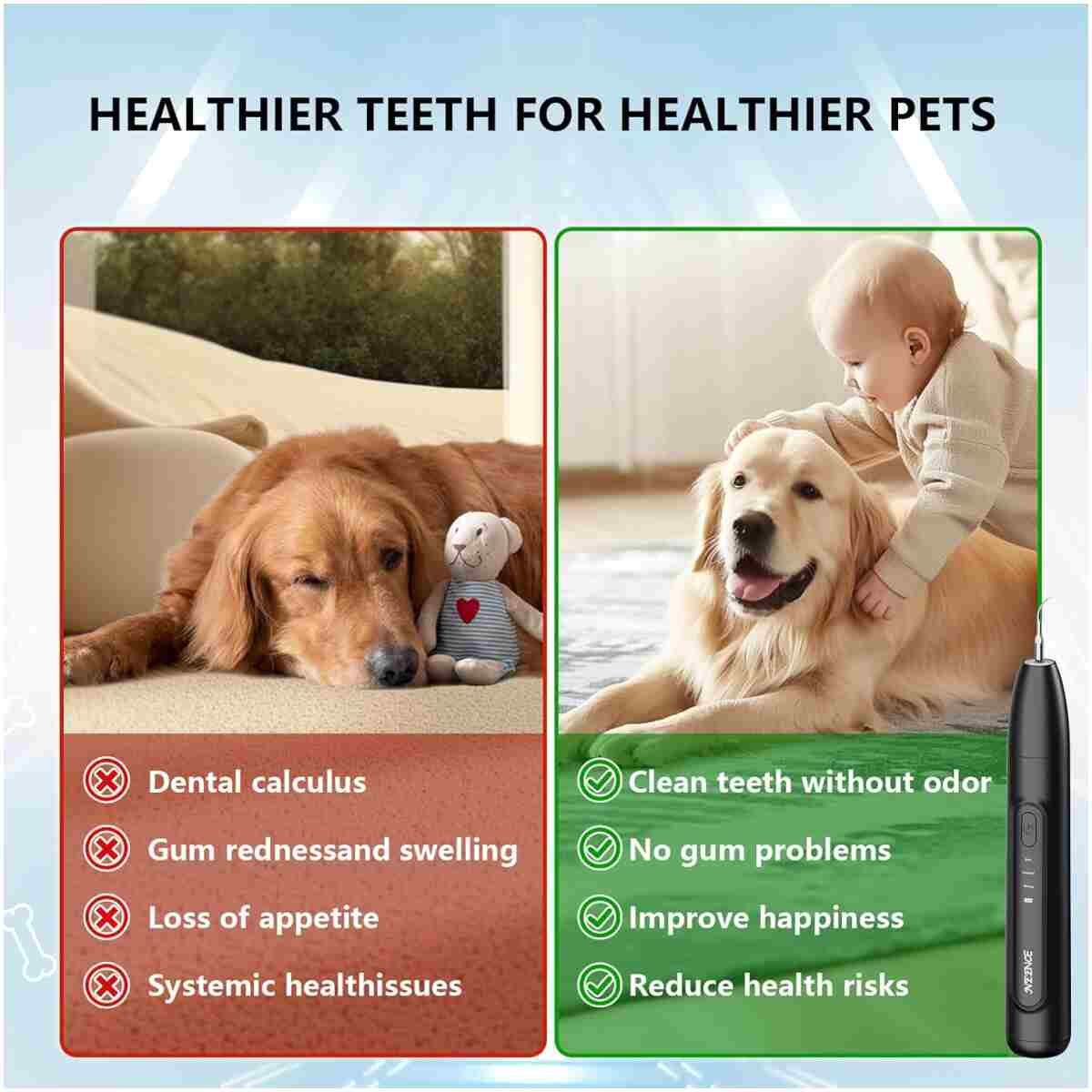 NEENCE Dog Tartar Remover for Teeth, Dog Tooth Brushing Kit with LED Light, Pet Ultrasonic Cleaner, Teeth Cleaning for Pet Dental Care, Black