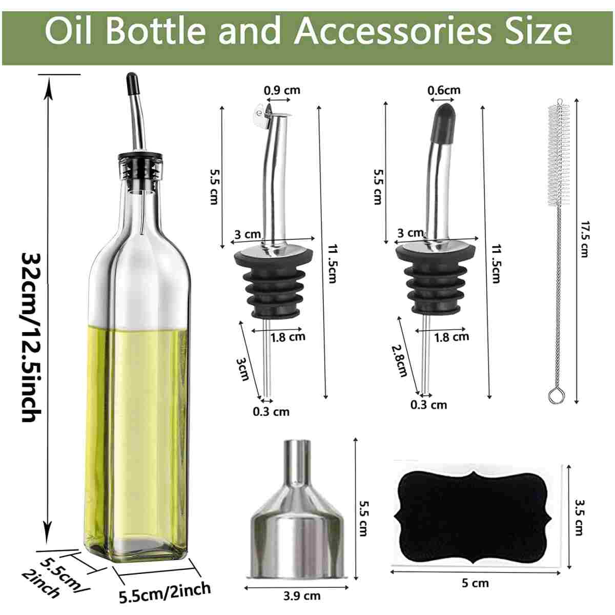 Olive Oil Dispenser Bottle, 1 Pcs Glass Olive Oil Dispenser and Vinegar Dispenser Set with 2 Stainless Steel Pourers, 2 Labels,1 Brush and 1 Funnel Oil Bottles for Kitchen (500ml)