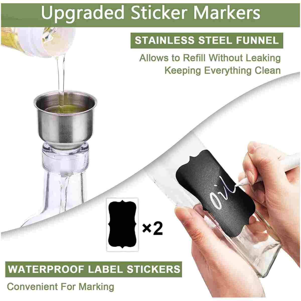 Olive Oil Dispenser Bottle, 1 Pcs Glass Olive Oil Dispenser and Vinegar Dispenser Set with 2 Stainless Steel Pourers, 2 Labels,1 Brush and 1 Funnel Oil Bottles for Kitchen (500ml)