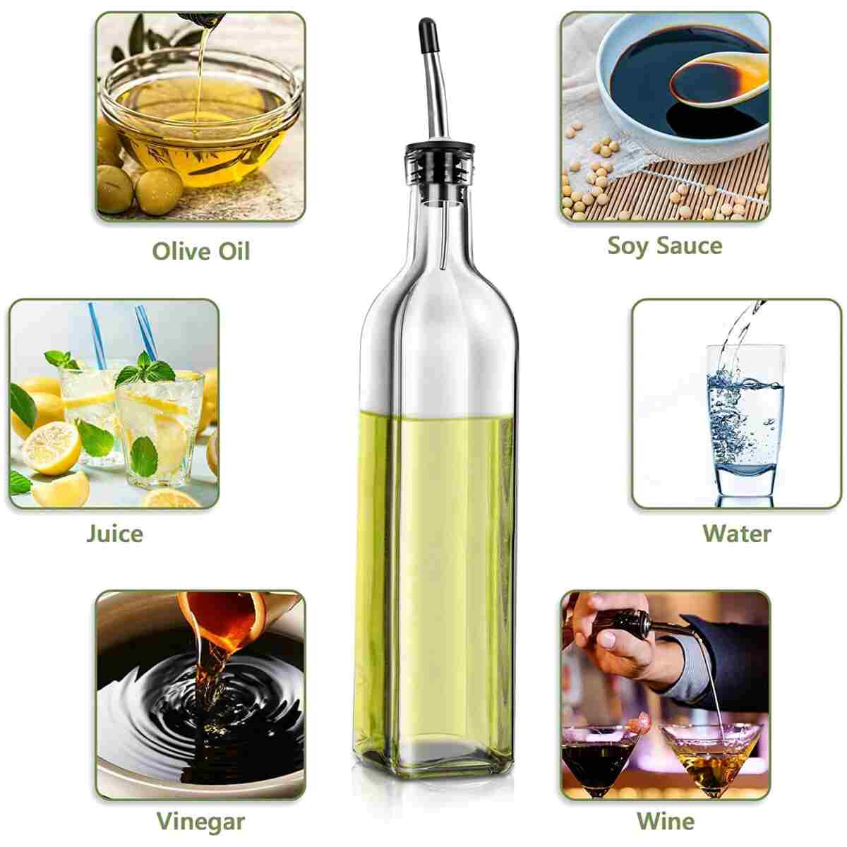 Olive Oil Dispenser Bottle, 1 Pcs Glass Olive Oil Dispenser and Vinegar Dispenser Set with 2 Stainless Steel Pourers, 2 Labels,1 Brush and 1 Funnel Oil Bottles for Kitchen (500ml)
