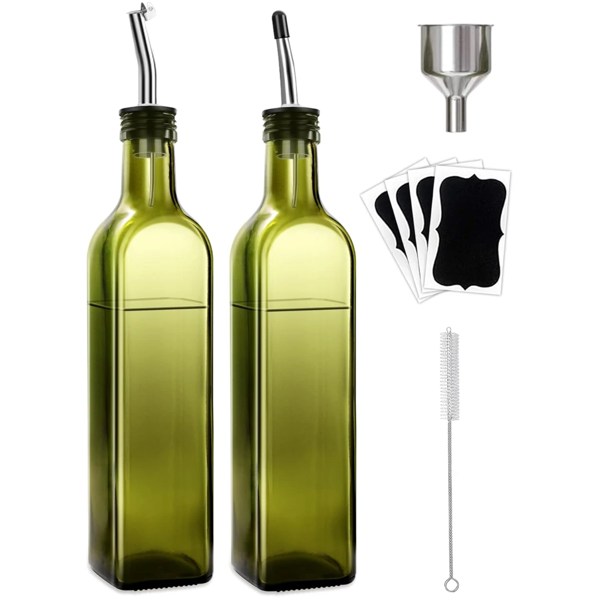 Olive Oil Dispenser Bottle, 1 Pcs Green Glass Olive Oil Dispenser and Vinegar Dispenser Set with 2 Stainless Steel Pourers, 2Labels,1 Brush and 1 Funnel Oil Bottles for Kitchen,...