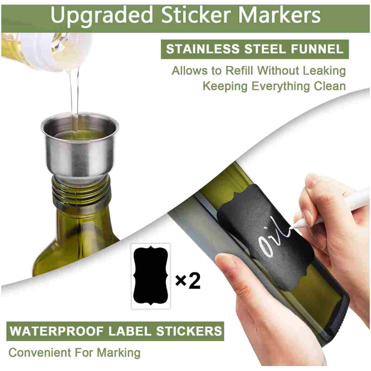 Olive Oil Dispenser Bottle, 1 Pcs Green Glass Olive Oil Dispenser and Vinegar Dispenser Set with 2 Stainless Steel Pourers, 2Labels,1 Brush and 1 Funnel Oil Bottles for Kitchen,...