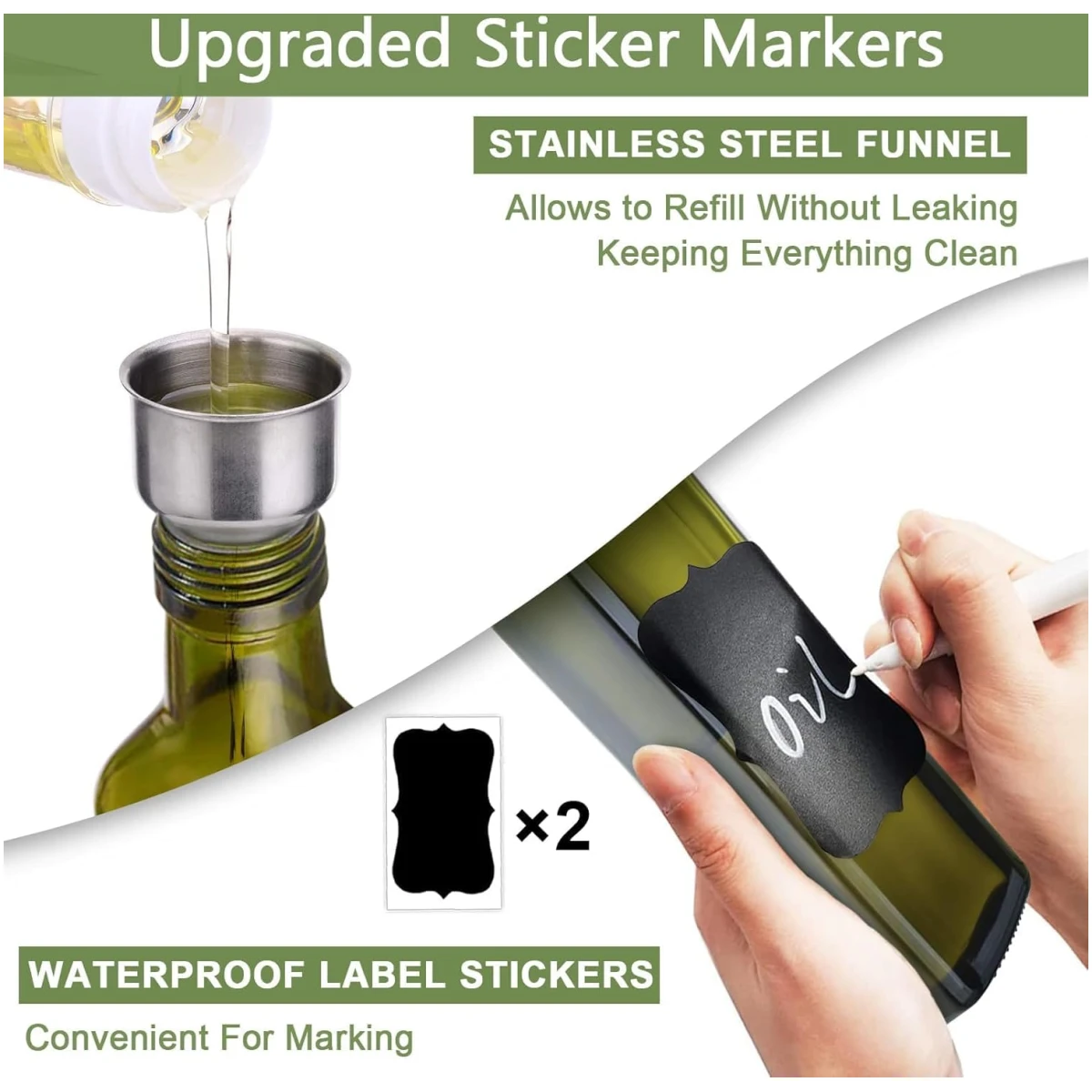 Olive Oil Dispenser Bottle, 1 Pcs Green Glass Olive Oil Dispenser and Vinegar Dispenser Set with 2 Stainless Steel Pourers, 2Labels,1 Brush and 1 Funnel Oil Bottles for Kitchen,...