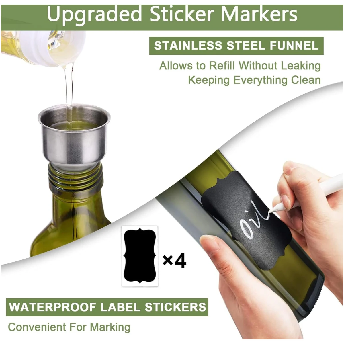Olive Oil Dispenser Bottle, 1 Pcs Green Glass Olive Oil Dispenser and Vinegar Dispenser Set with 2 Stainless Steel Pourers, 2Labels,1 Brush and 1 Funnel Oil Bottles for Kitchen,...