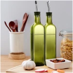 Olive Oil Dispenser Bottle, 1 Pcs Green Glass Olive Oil Dispenser and Vinegar Dispenser Set with 2 Stainless Steel Pourers, 2Labels,1 Brush and 1 Funnel Oil Bottles for Kitchen,...