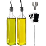 Olive Oil Dispenser Bottle, 1 Pcs Green Glass Olive Oil Dispenser and Vinegar Dispenser Set with 2 Stainless Steel Pourers, 2Labels,1 Brush and 1 Funnel Oil Bottles for Kitchen,...