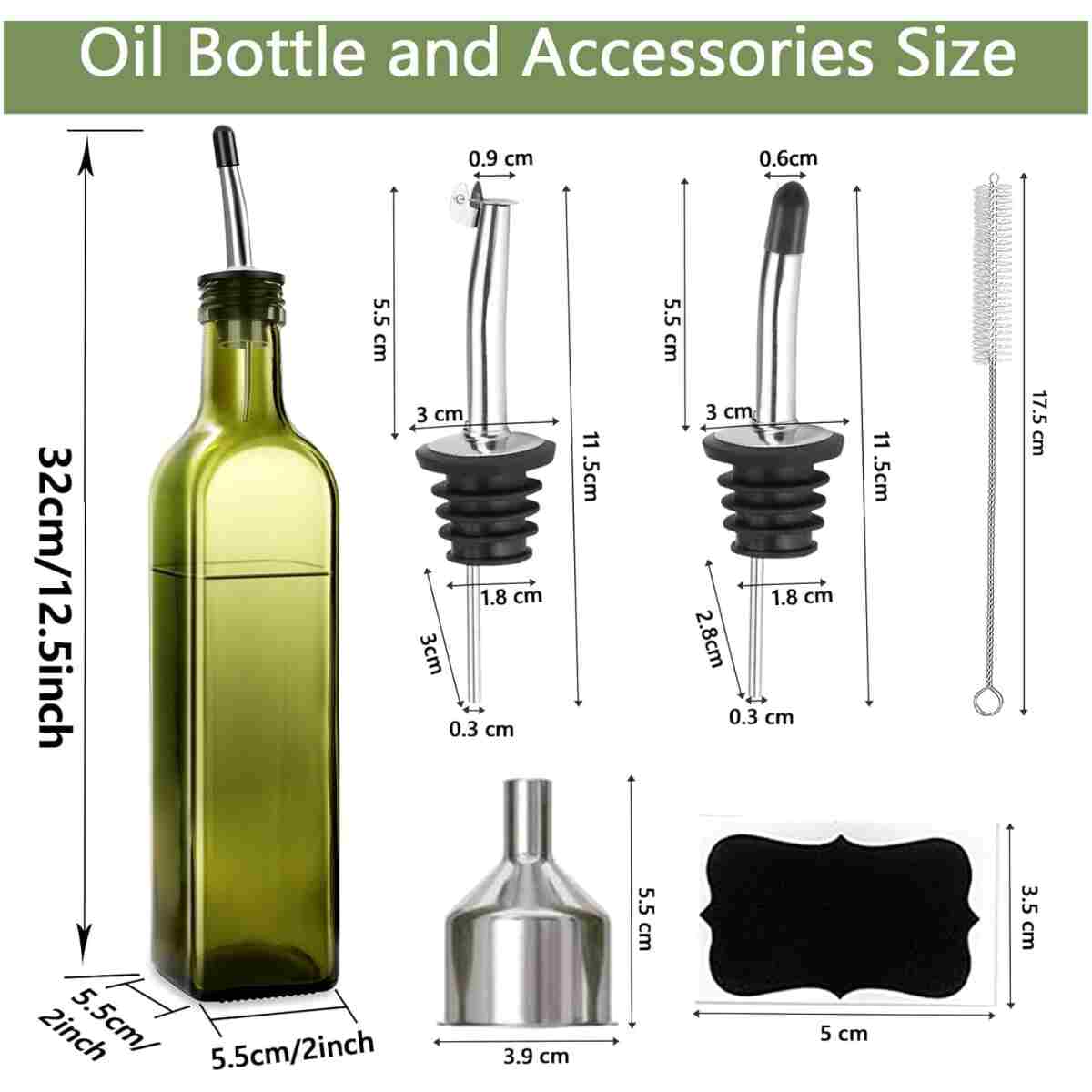 Olive Oil Dispenser Bottle, 2 Pcs Glass Olive Oil Dispenser and Vinegar Dispenser Set with 2 Stainless Steel Pourers, 4 Labels,1 Brush and 1 Funnel Oil Bottles for Kitchen (500ml)