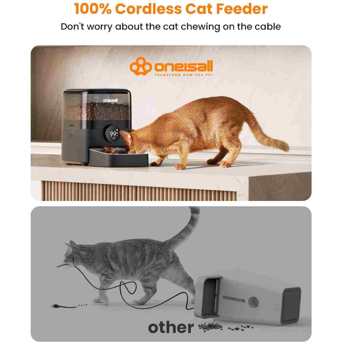 oneisall Automatic Cat Feeder, WiFi Rechargeable Cordless Pet Feeder, 100 Day Battery Operated Pet Feeder, 12 Cups/3L Timed Cat Food Dispenser for Large Kibble, Smart App...