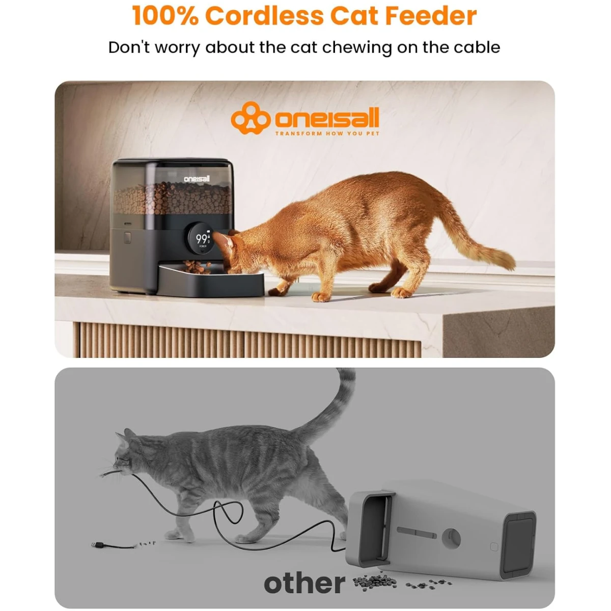 oneisall Automatic Cat Feeder, WiFi Rechargeable Cordless Pet Feeder, 100 Day Battery Operated Pet Feeder, 12 Cups/3L Timed Cat Food Dispenser for Large Kibble, Smart App...