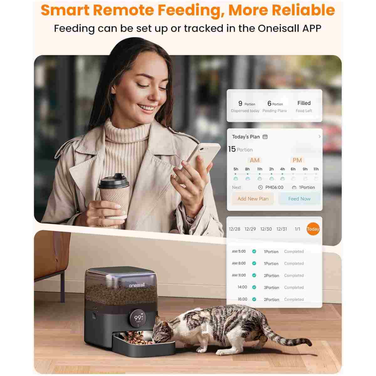 oneisall Automatic Cat Feeder, WiFi Rechargeable Cordless Pet Feeder, 100 Day Battery Operated Pet Feeder, 12 Cups/3L Timed Cat Food Dispenser for Large Kibble, Smart App...