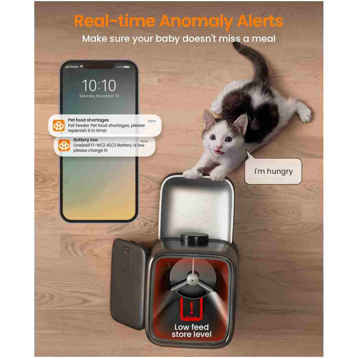 oneisall Automatic Cat Feeder, WiFi Rechargeable Cordless Pet Feeder, 100 Day Battery Operated Pet Feeder, 12 Cups/3L Timed Cat Food Dispenser for Large Kibble, Smart App...
