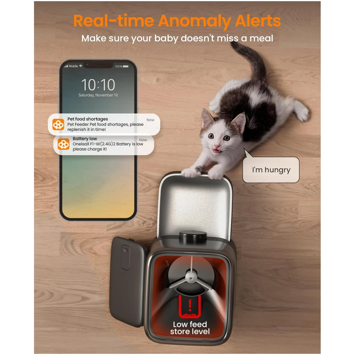 oneisall Automatic Cat Feeder, WiFi Rechargeable Cordless Pet Feeder, 100 Day Battery Operated Pet Feeder, 12 Cups/3L Timed Cat Food Dispenser for Large Kibble, Smart App...
