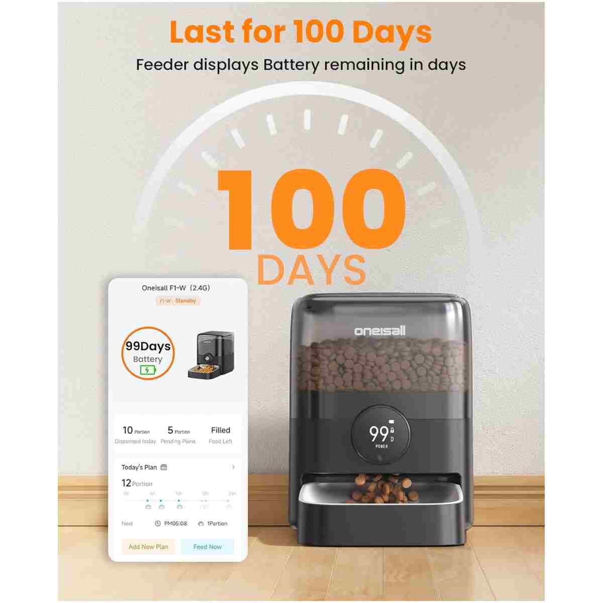 oneisall Automatic Cat Feeder, WiFi Rechargeable Cordless Pet Feeder, 100 Day Battery Operated Pet Feeder, 12 Cups/3L Timed Cat Food Dispenser for Large Kibble, Smart App...