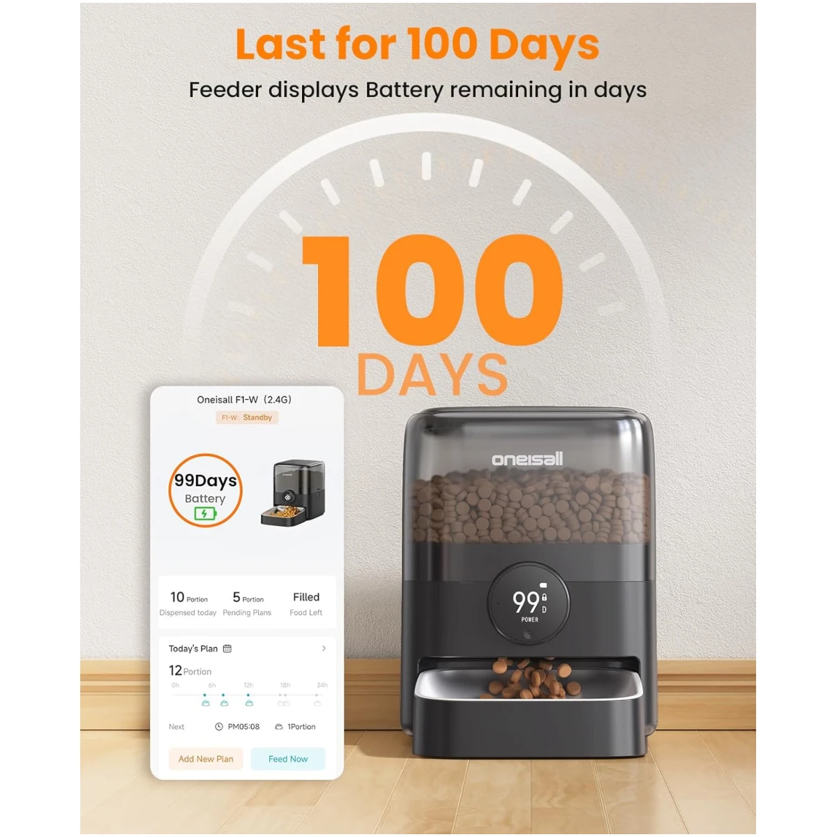 oneisall Automatic Cat Feeder, WiFi Rechargeable Cordless Pet Feeder, 100 Day Battery Operated Pet Feeder, 12 Cups/3L Timed Cat Food Dispenser for Large Kibble, Smart App...