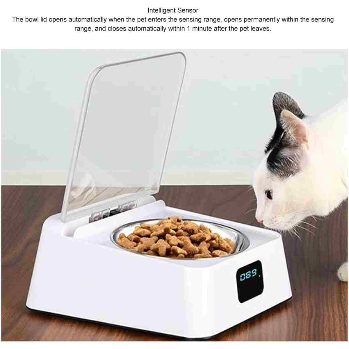 Open Lid Pet Feeder, Automatic Cat Feeder with Infrared Sensor Cover, Removable Bowl Battery Powered Intelligent Automatic Opening Lid Dog Feeder, Pet Food Dispenser for Cats...