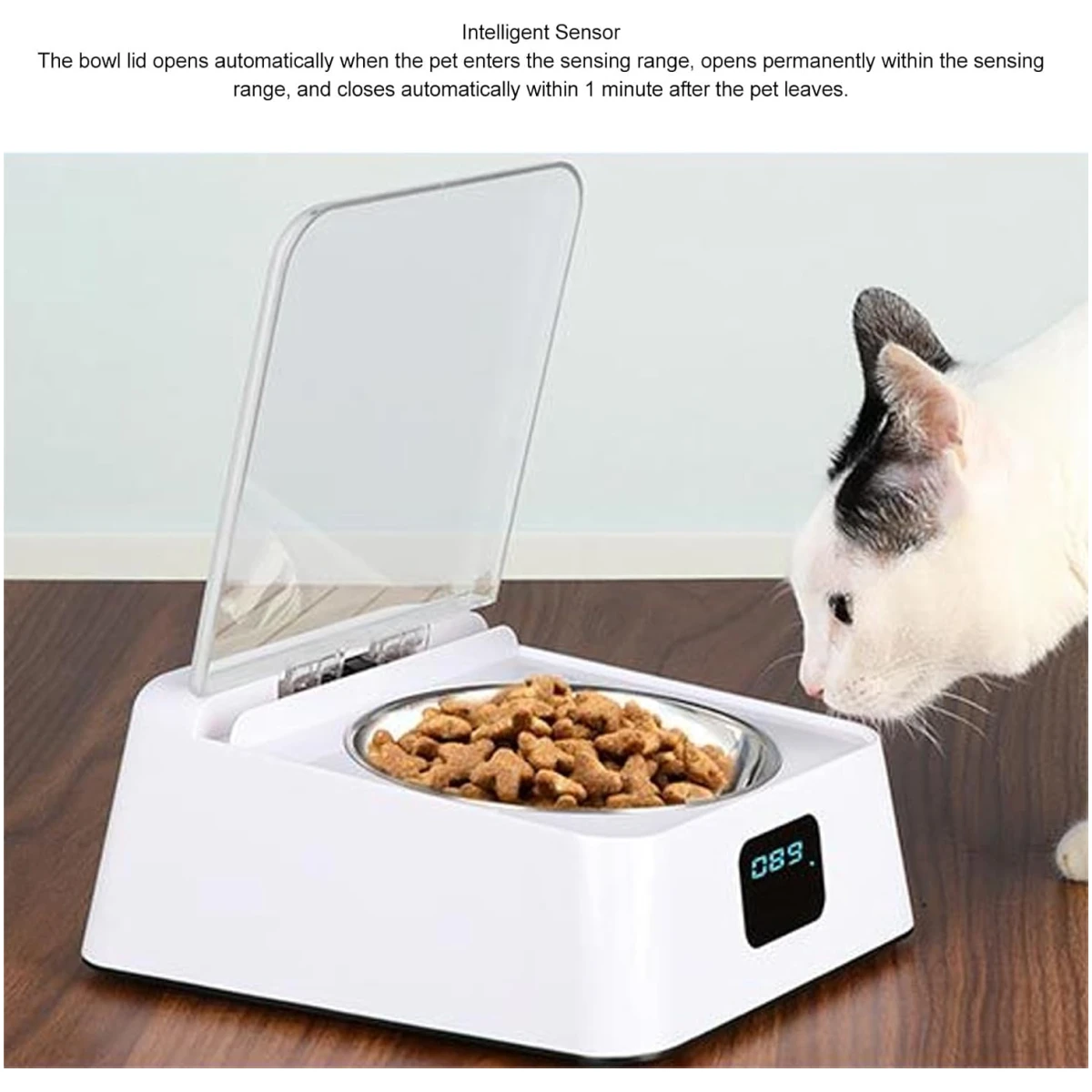 Open Lid Pet Feeder, Automatic Cat Feeder with Infrared Sensor Cover, Removable Bowl Battery Powered Intelligent Automatic Opening Lid Dog Feeder, Pet Food Dispenser for Cats...