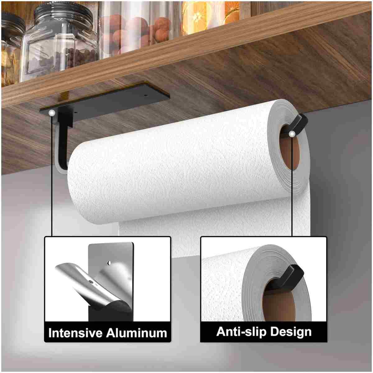 Paper Towel Holder - Self-Adhesive or Drilling, Matte Black, Upgraded Aluminum Kitchen Roll Dispenser Under Cabinet, Lighter but Stronger Than Stainless Steel!