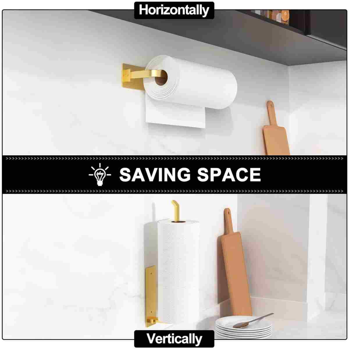 Paper Towel Holder - Self-Adhesive or Drilling, Matte Black, Upgraded Aluminum Kitchen Roll Dispenser Under Cabinet, Lighter but Stronger Than Stainless Steel!
