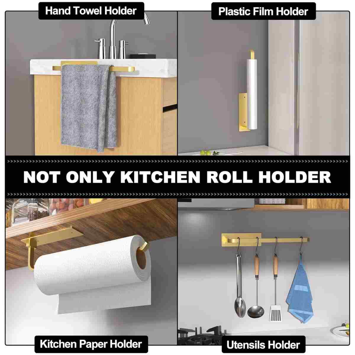 Paper Towel Holder - Self-Adhesive or Drilling, Matte Black, Upgraded Aluminum Kitchen Roll Dispenser Under Cabinet, Lighter but Stronger Than Stainless Steel!