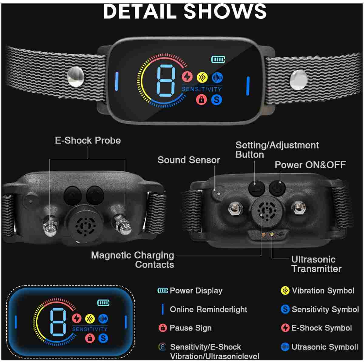 Pee Pet Bark Collar, Intelligent Ultrasonic Bark Stopper, Automatic Barking Control, Long Battery Life with USB Charging, Fits Dogs 8"-25" / 20cm-64cm, Black