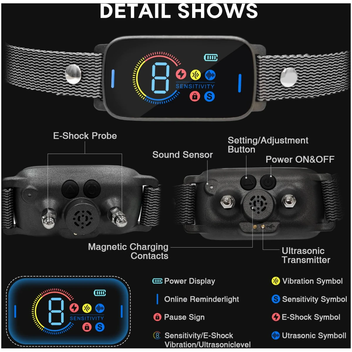 Pee Pet Bark Collar, Intelligent Ultrasonic Bark Stopper, Automatic Barking Control, Long Battery Life with USB Charging, Fits Dogs 8"-25" / 20cm-64cm, Black