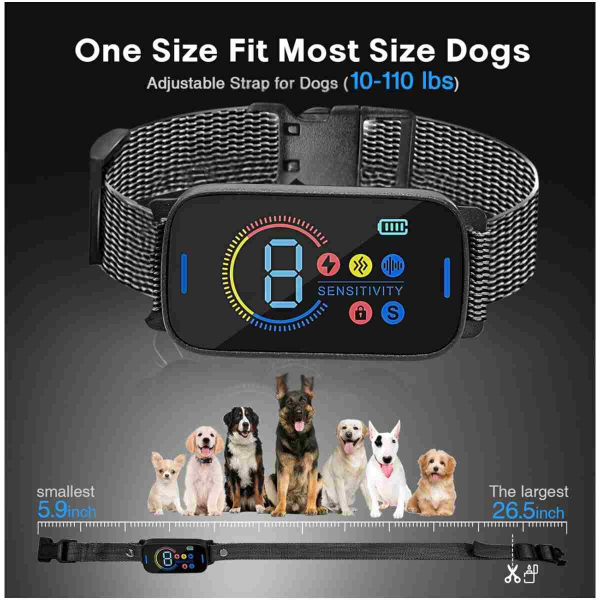 Pee Pet Bark Collar, Intelligent Ultrasonic Bark Stopper, Automatic Barking Control, Long Battery Life with USB Charging, Fits Dogs 8"-25" / 20cm-64cm, Black