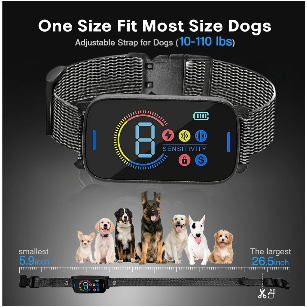 Pee Pet Bark Collar, Intelligent Ultrasonic Bark Stopper, Automatic Barking Control, Long Battery Life with USB Charging, Fits Dogs 8"-25" / 20cm-64cm, Black