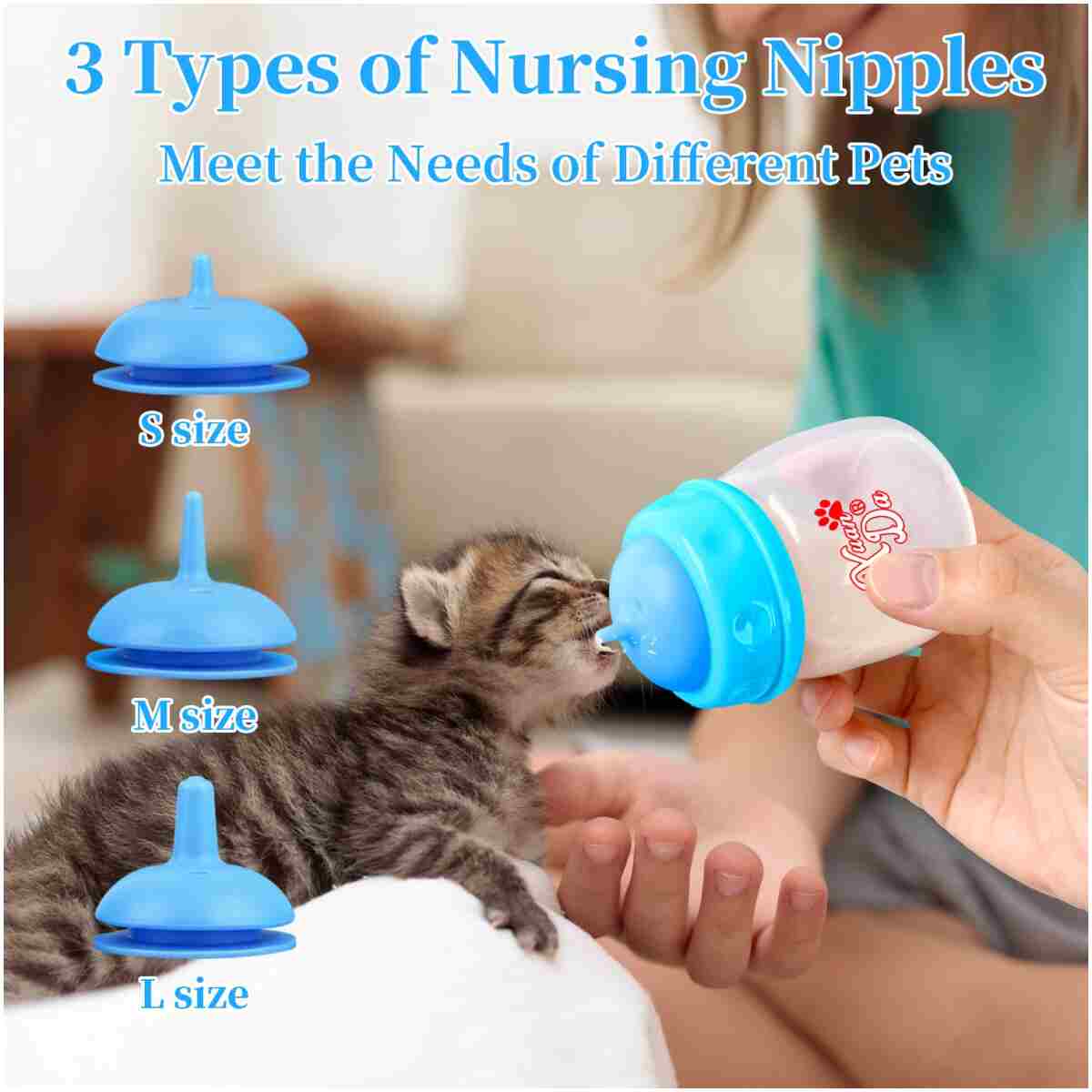 Pet Feeding Bottle,3 Pack 60ml Nursing Bottle, 3 Sizes Nipples with Ventilation Valve Resistant Tearing Perfect for Puppies, Kittens, Small Wildlife（Blue）