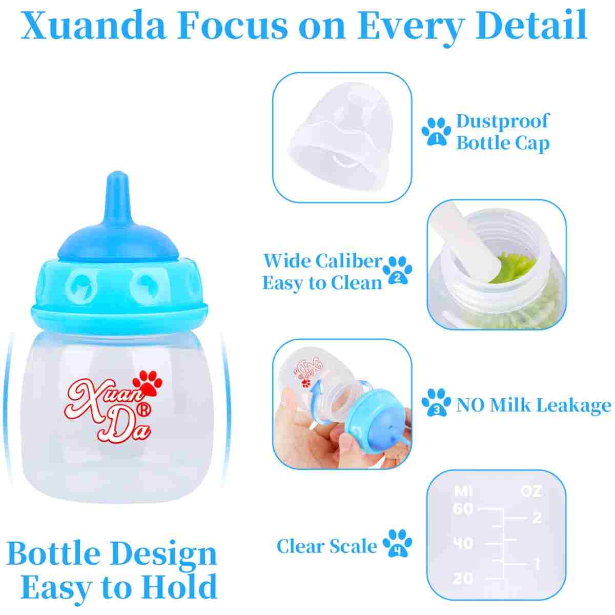 Pet Feeding Bottle,3 Pack 60ml Nursing Bottle, 3 Sizes Nipples with Ventilation Valve Resistant Tearing Perfect for Puppies, Kittens, Small Wildlife（Blue）
