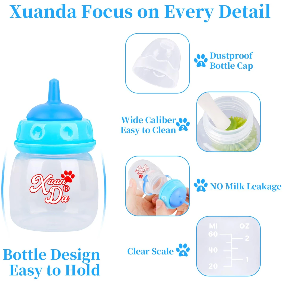 Pet Feeding Bottle,3 Pack 60ml Nursing Bottle, 3 Sizes Nipples with Ventilation Valve Resistant Tearing Perfect for Puppies, Kittens, Small Wildlife（Blue）