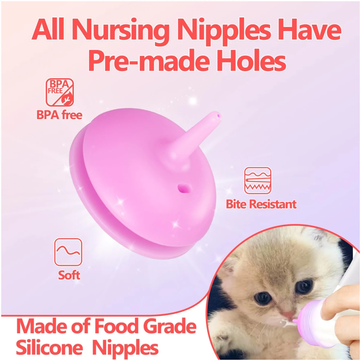 Pet Feeding Bottle,3 Pack Wide Mouth Angled Nursing Bottle, 3 Sizes Nipples with Ventilation Valve Resistant Tearing Perfect for Puppies, Kittens, Small Wildlife(Pink)
