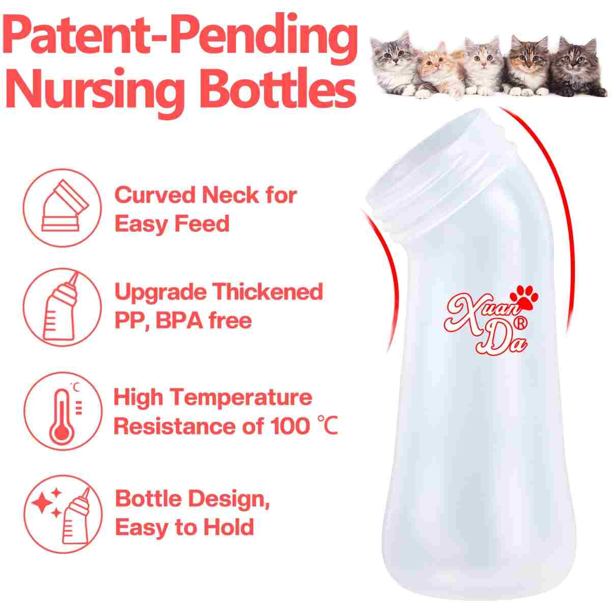 Pet Feeding Bottle,3 Pack Wide Mouth Angled Nursing Bottle, 3 Sizes Nipples with Ventilation Valve Resistant Tearing Perfect for Puppies, Kittens, Small Wildlife(Pink)
