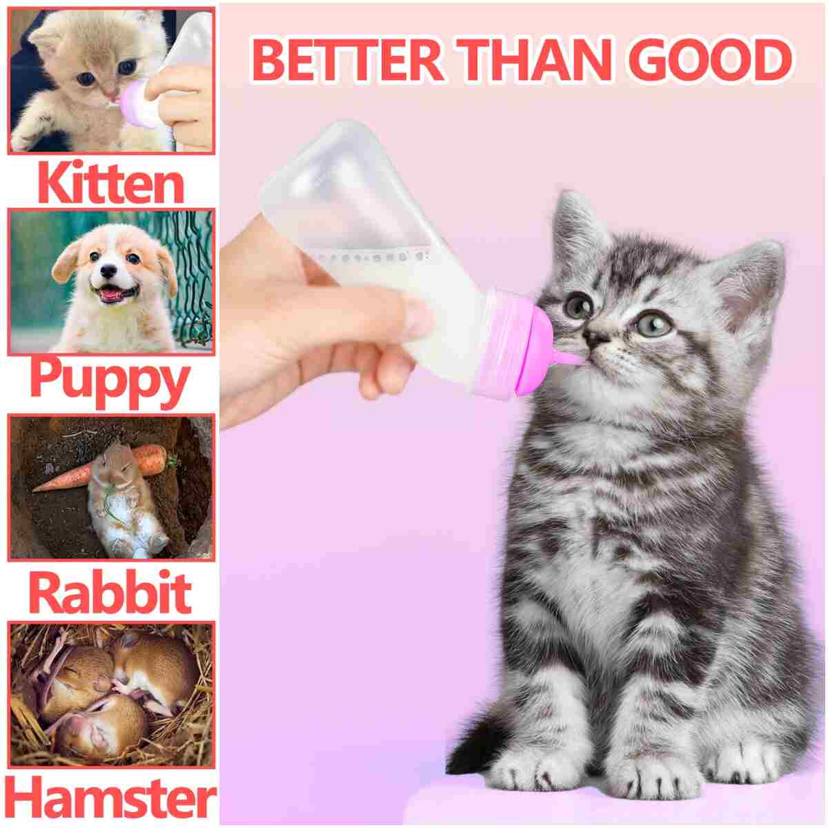 Pet Feeding Bottle,3 Pack Wide Mouth Angled Nursing Bottle, 3 Sizes Nipples with Ventilation Valve Resistant Tearing Perfect for Puppies, Kittens, Small Wildlife(Pink)