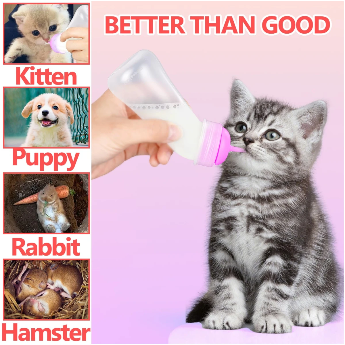 Pet Feeding Bottle,3 Pack Wide Mouth Angled Nursing Bottle, 3 Sizes Nipples with Ventilation Valve Resistant Tearing Perfect for Puppies, Kittens, Small Wildlife(Pink)