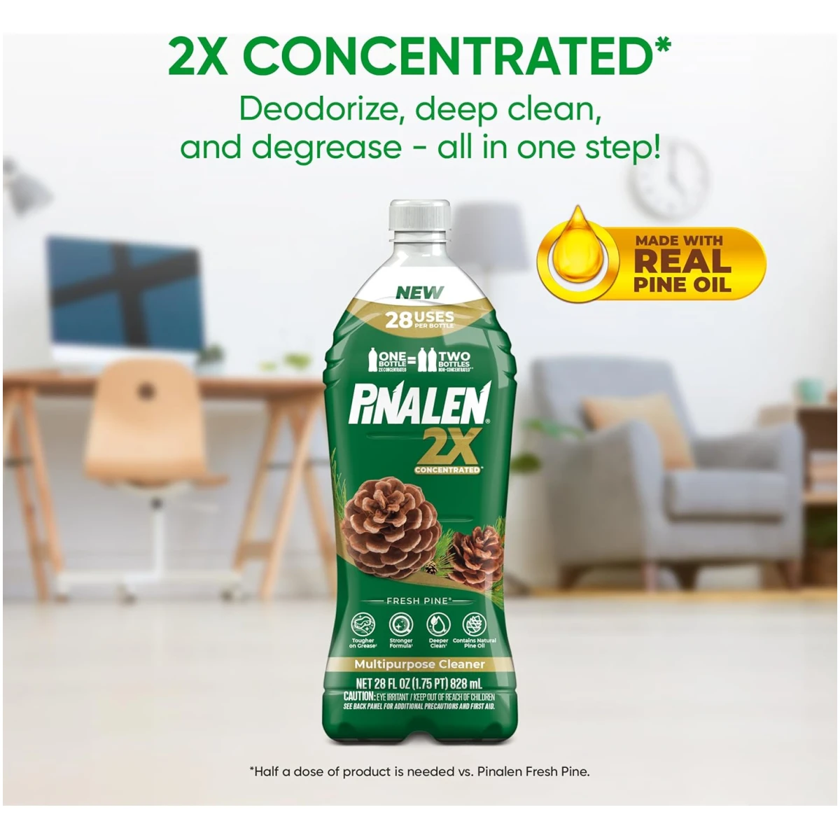 PINALEN 2X Concentrated Multipurpose Cleaner - Fresh Pine Scent - 28 fl oz - All Purpose Cleaner for Kitchen, Bathroom, Laundry, Floors & Outdoors