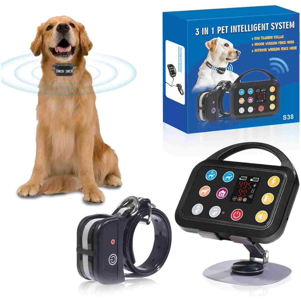 Plkm Wireless Dog Fence Indoor Outdoor Wireless Fence Dog Training Collar 3 in 1 Pet Intelligent System, Out-of-Range Reminder AI Technology, Adjustable Range Shock Strength,...