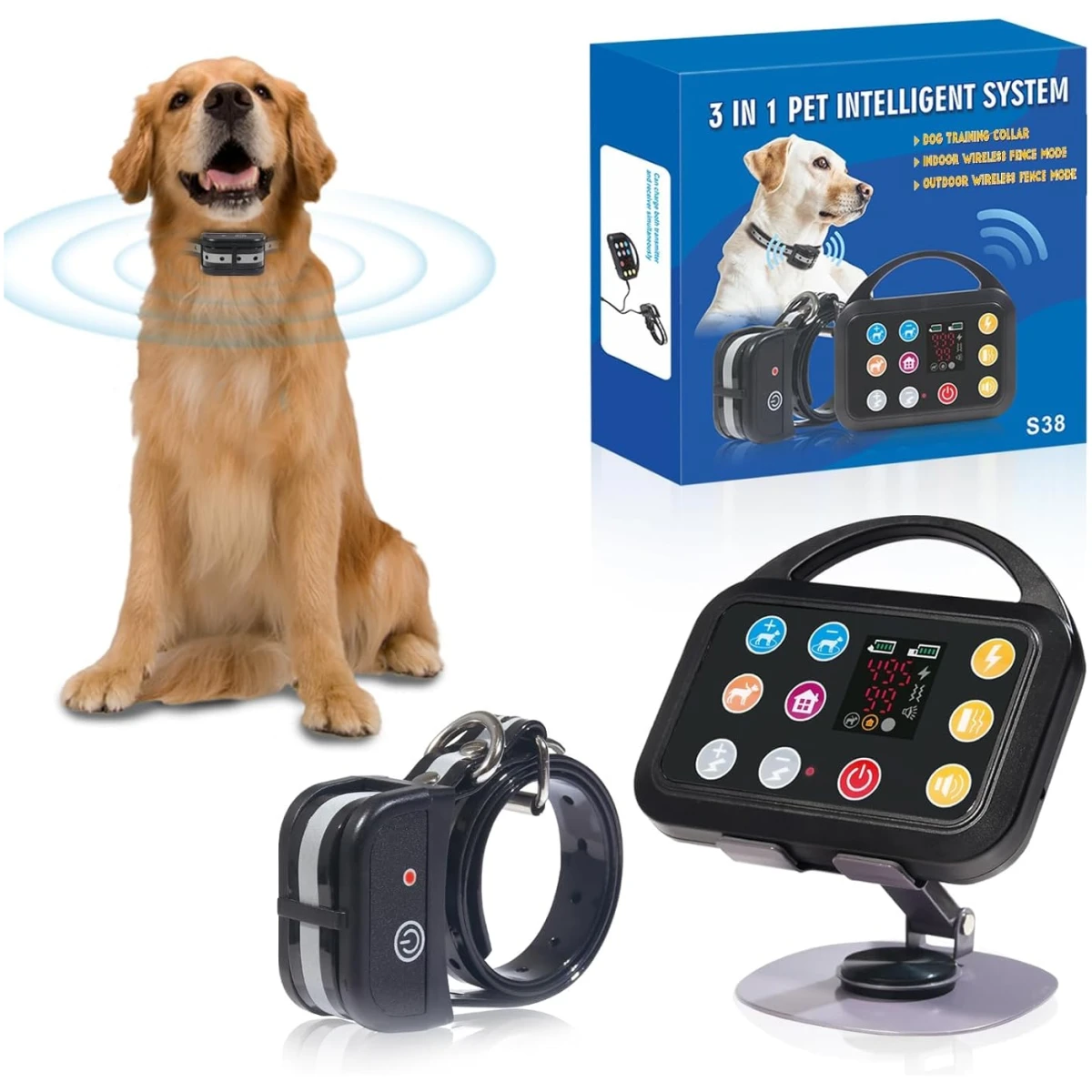 Plkm Wireless Dog Fence Indoor Outdoor Wireless Fence Dog Training Collar 3 in 1 Pet Intelligent System, Out-of-Range Reminder AI Technology, Adjustable Range Shock Strength,...