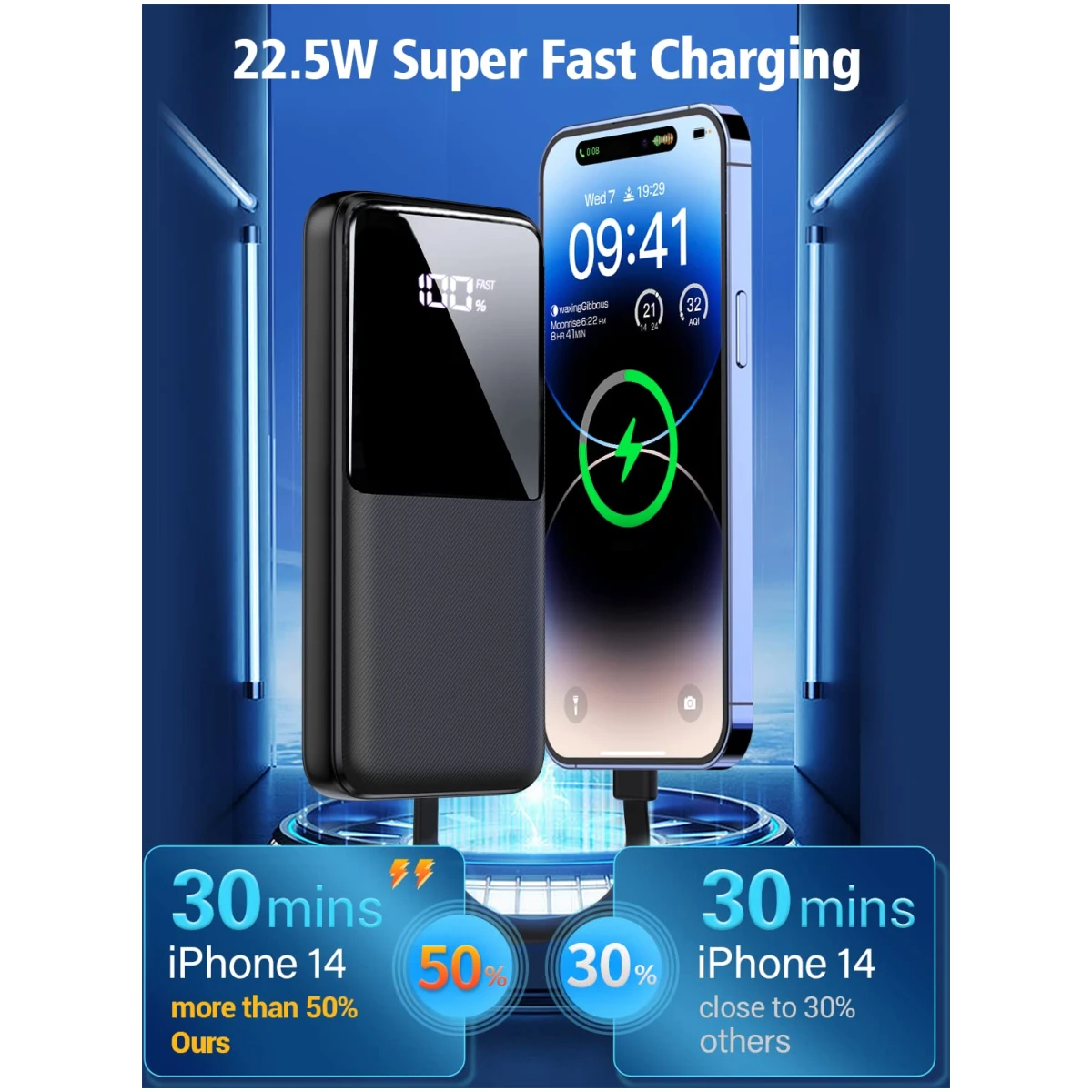 Portable Charger Power Bank - 15000mAh Fast Charging Powerbank Battery Pack with Built in USB-C(22.5W) and iOS(20W) Output Cable Compatible with iPhone Android Samsung etc (1...