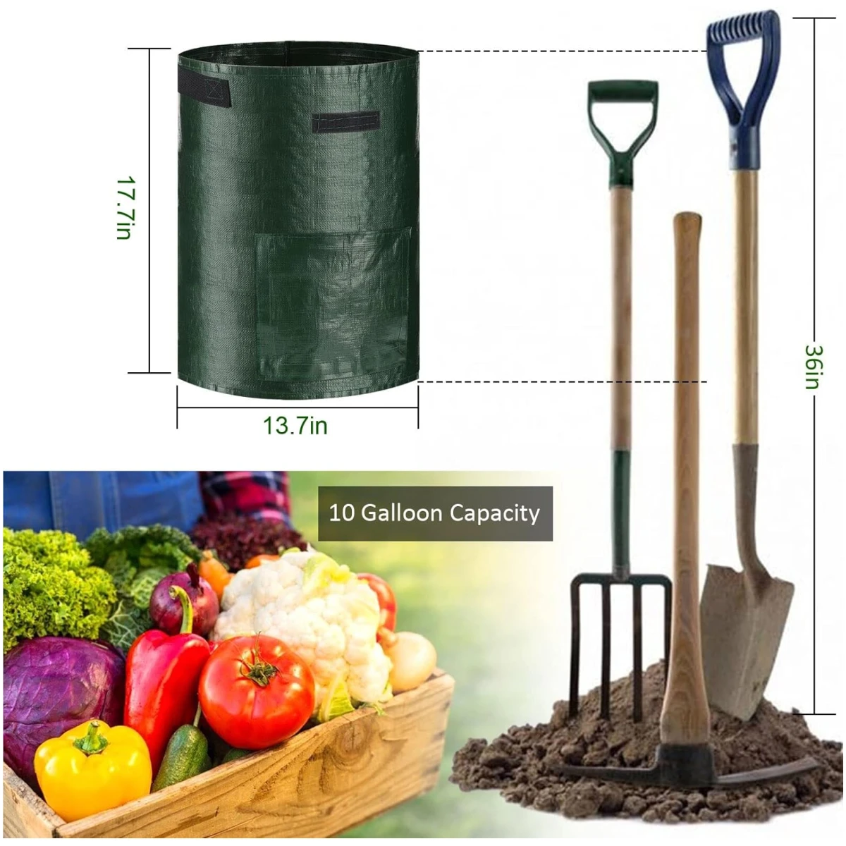 Potato Grow Bags, 4 Pack 10 Gallon with Flap and Handles Planter Pots for Onion, Fruits, Tomato, Carrot - Green