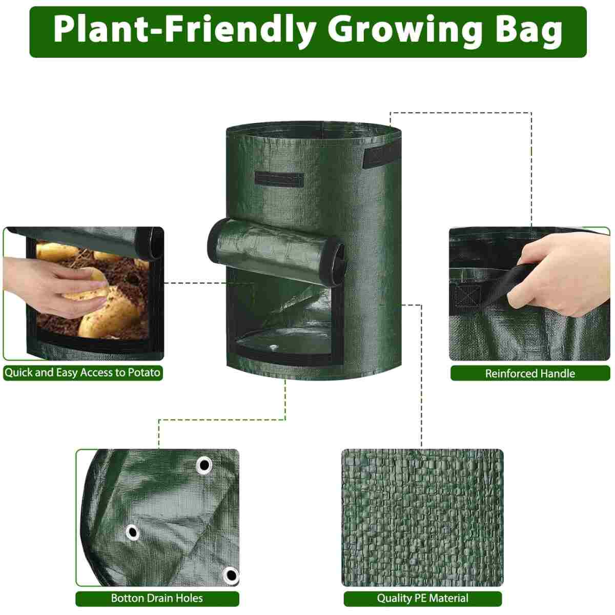 Potato Grow Bags, 4 Pack 10 Gallon with Flap and Handles Planter Pots for Onion, Fruits, Tomato, Carrot - Green