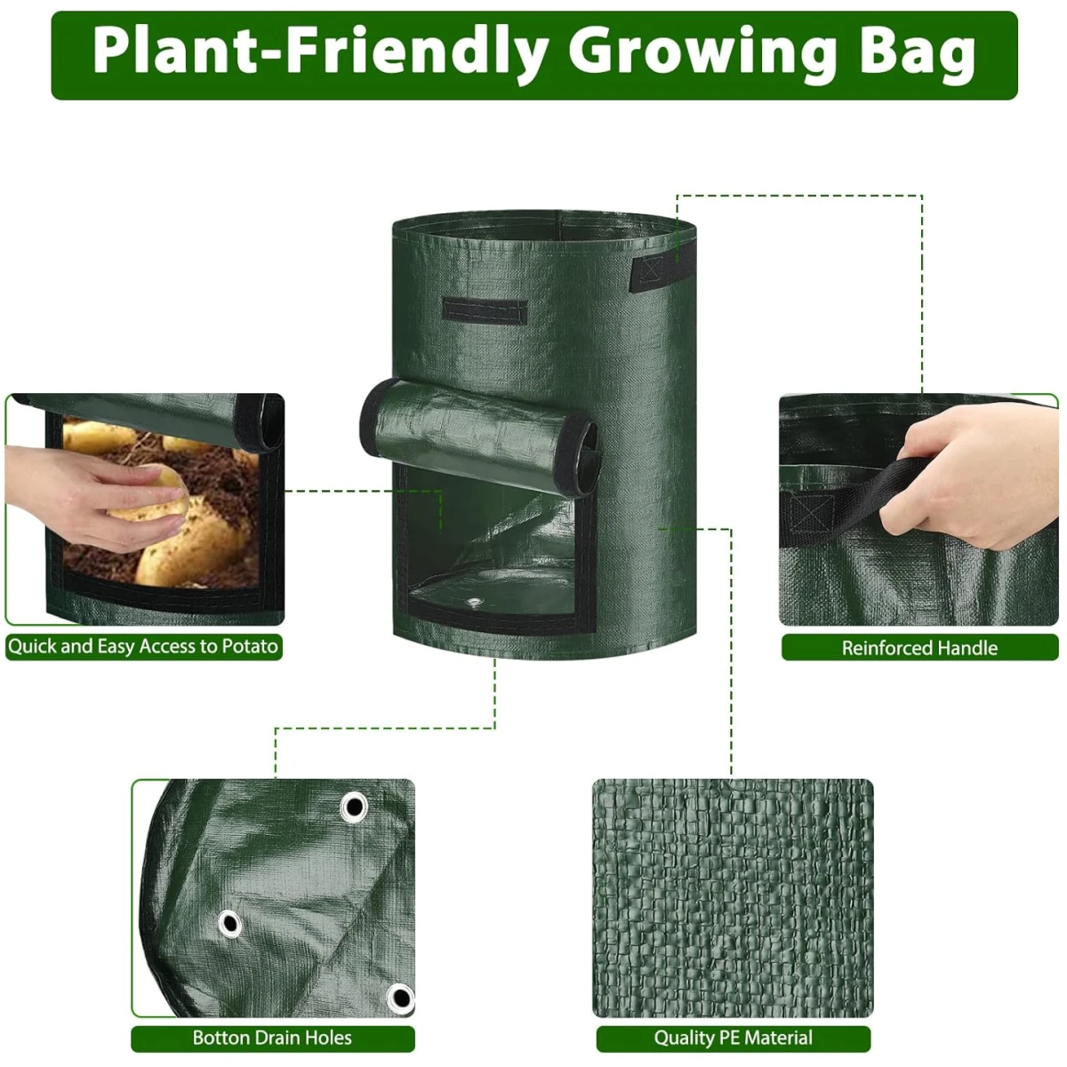 Potato Grow Bags, 4 Pack 10 Gallon with Flap and Handles Planter Pots for Onion, Fruits, Tomato, Carrot - Green
