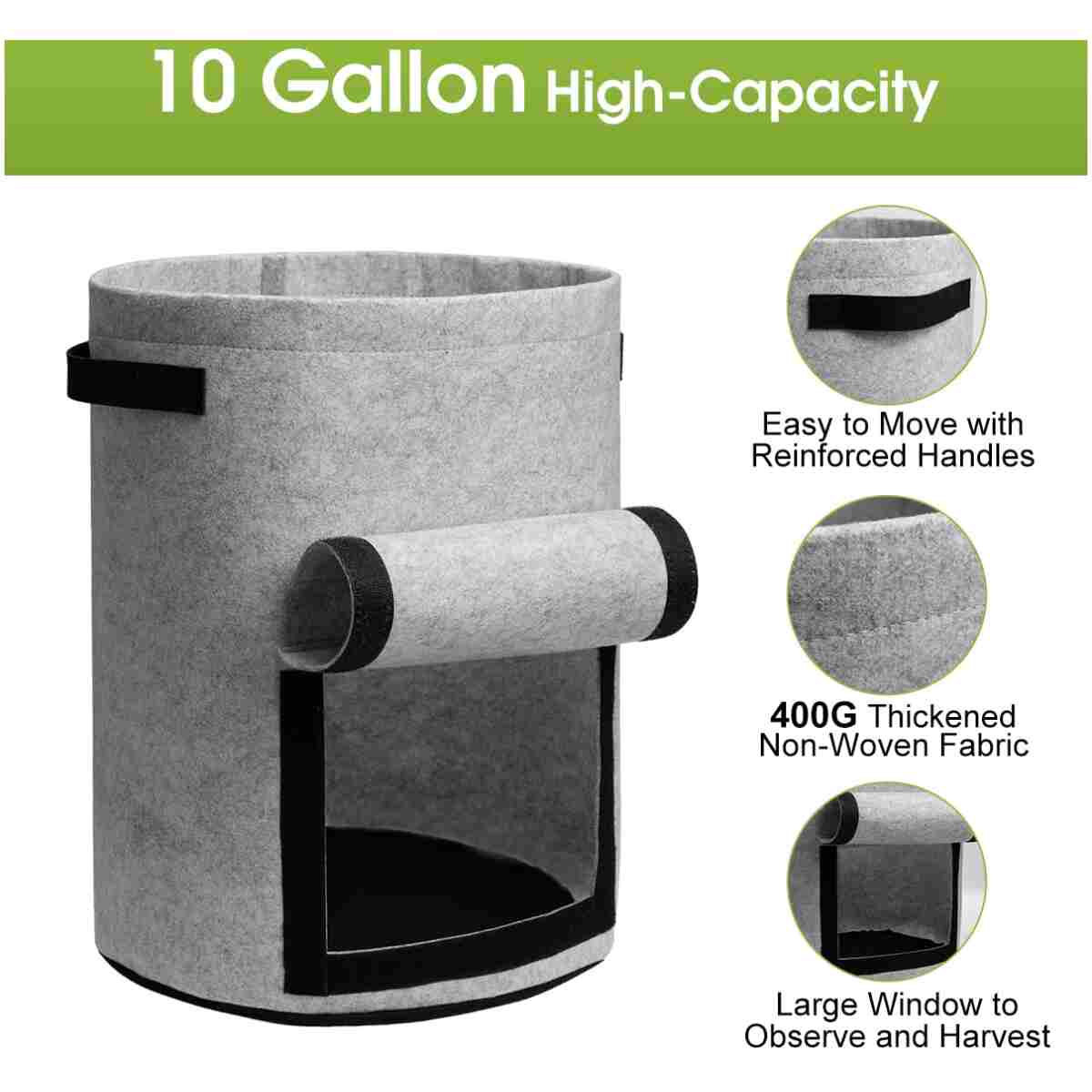 Potato Grow Bags with Flap 10 Gallon, 4 Pack Planter Pot with Handles and Harvest Window for Potato Tomato and Vegetables, Black and Gray