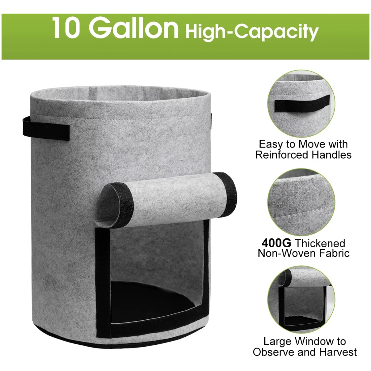 Potato Grow Bags with Flap 10 Gallon, 4 Pack Planter Pot with Handles and Harvest Window for Potato Tomato and Vegetables, Black and Gray