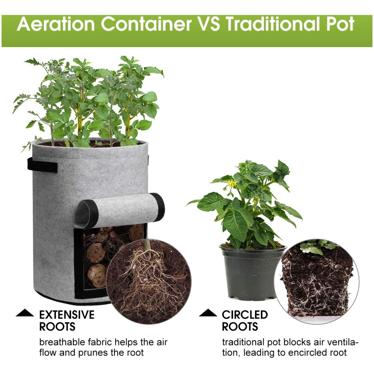 Potato Grow Bags with Flap 10 Gallon, 4 Pack Planter Pot with Handles and Harvest Window for Potato Tomato and Vegetables, Black and Gray