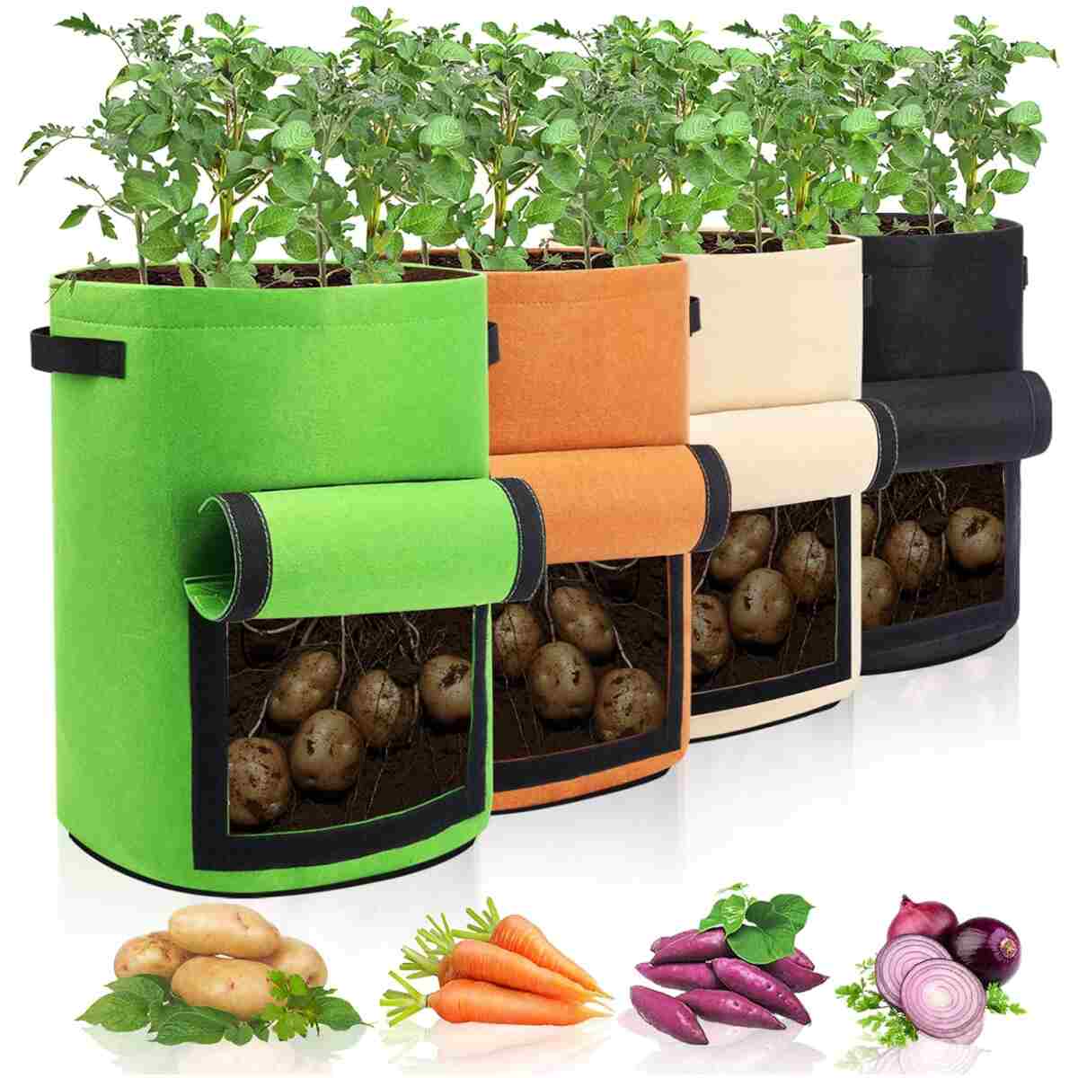 Potato Grow Bags with Flap 10 Gallon, 4 Pack Planter Pot with Handles and Harvest Window for Potato Tomato and Vegetables, Black and Gray